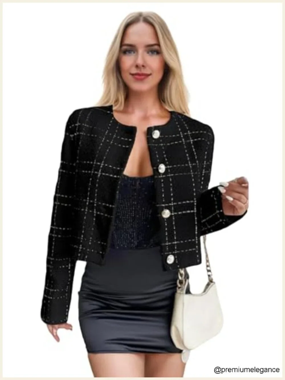 Women's Tweed Blazer Plaid Cropped Lightweight Casual